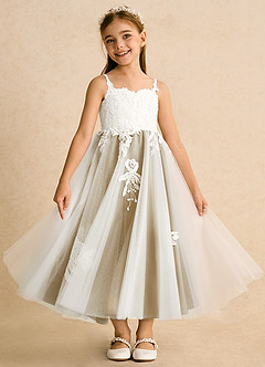 Azazie Coraline vestidos de niña de las flores Vestido de Marfil Oro de Encaje de Corte En A image3