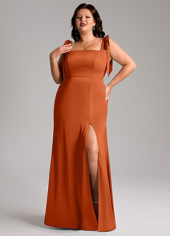 Azazie Frostine Bridesmaid Dresses Burnt Orange A-Line Bow Stretch Satin Dress image9