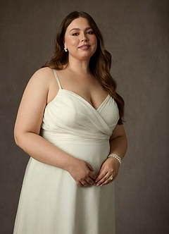 Azazie Kali Wedding Dresses Cream A-Line V-Neck Pleated Crinkle Chiffon Dress image13