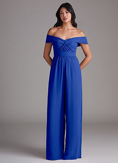 Azazie Lamara Bridesmaid Dresses Royal Blue Off the Shoulder Chiffon Convertible Jumpsuit image3