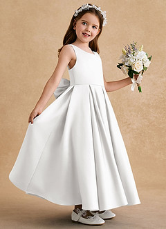 Azazie Honey Bear Flower Girl Dresses White A-Line Pleated Matte Satin Dress image5