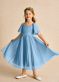 Azazie Gisele Abiti da Ragazza di Fiori Abito A-Line in Chiffon Plissettato Blu Acciaio image4