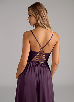 Azazie Aaida Bridesmaid Dresses Plum A-Line Corset Stretch Satin Dress image2