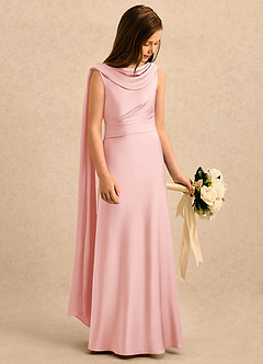 Azazie Sanah Girls Formal Robe Demoiselle D'honneur Fillette Robe Trapèze en Satin extensible Plissée Rose Poudré image1