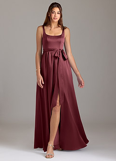 Azazie Elliott Bridesmaid Dresses Merlot A-Line with Pockets Stretch Satin Dress image5