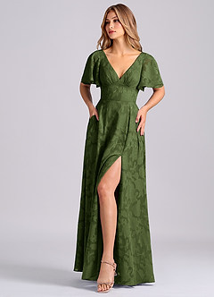 Azazie Kimber Bridesmaid Dresses Olive A-Line with Pockets Floral Burnout Dress image6