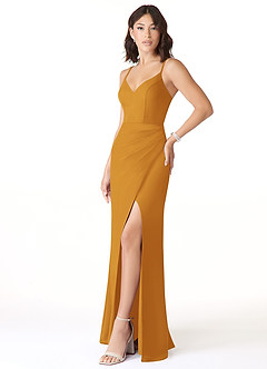 Azazie Leo Brautjungfernkleider Meerjungfrau-Linie V-Hals Gefaltet Chiffon Kleid Butterscotch image3