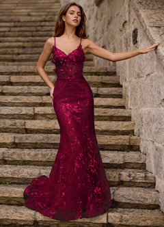 Blazing Burgundy Floral Sequin Lace Mermaid Dress image6