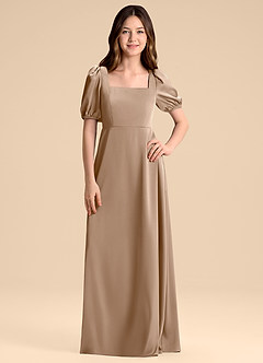 Azazie Briar Junior Taupe A-Line Bow Stretch Satin Dress image3