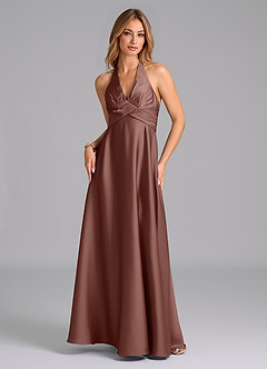 Azazie Tessie Bridesmaid Dresses Espresso A-Line Pleated Stretch Satin Dress image6