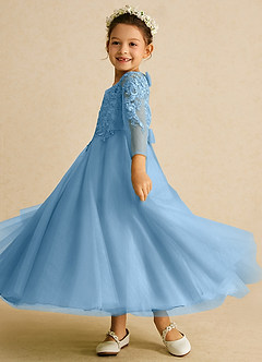 Azazie Precious Flower Girl Dresses Steel Blue A-Line Lace Tulle Dress image5