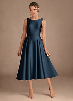 Azazie Fulton Mother of the Bride Dresses Dark Navy A-Line Pleated Stretch Satin Dress image1