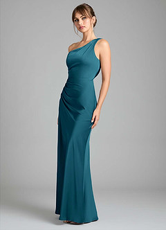 Azazie Madelyn Bridesmaid Dresses Ink Blue Mermaid One Shoulder Stretch Satin Convertible Dress image6