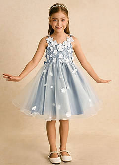 Azazie Junebug vestidos de niña de las flores Vestido de Marfil Azul Polvoriento de Tul de Princesa con Encaje image3
