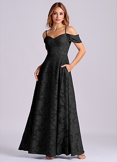 Azazie Marley Final Sale Black A-Line Off the Shoulder Floral Burnout Convertible Dress image1