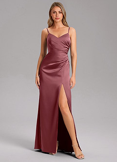 Azazie Azuree Vestidos de damas de honor Vestido de Rosa Del Desierto de Satén Elástico de Corte en A con Plisado image12