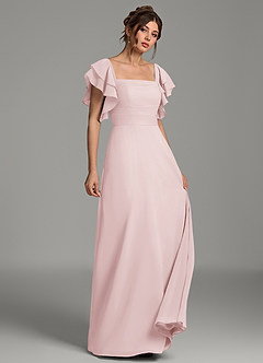 Azazie Dacia At-home Try On Dresses Blushing Pink A-Line Ruched Chiffon Dress image3