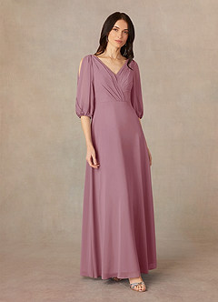 Azazie Bronwyn At-home Try On Dresses Vintage Mauve A-Line V-Neck Ruched Chiffon Dress image2
