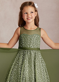 Azazie Siwa Flower Girl Dresses Olive A-Line Beaded Tulle Dress image1
