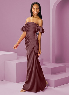 Barbie ♥ Azazie Bridesmaid Dresses Sangria Sheath Off the Shoulder Stretch Satin Convertible Dress image4