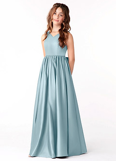 Azazie Hathaway Junior Moody Blue A-Line Bow Stretch Satin Dress image3