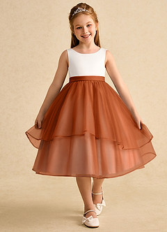 Azazie Rene Flower Girl Dresses Ivory Burnt Orange A-Line Bow Tulle Dress image4