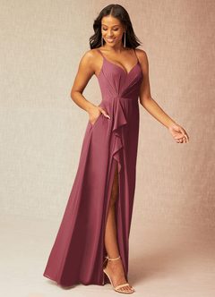 Azazie Kyedae Vestidos de damas de honor Vestido de Merlot de Gasa de Corte en A con Cuello de pico plisado image3