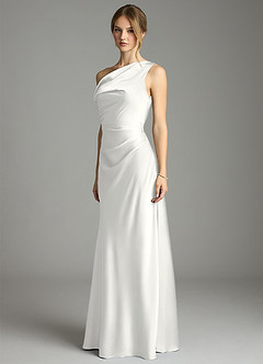 Azazie Emerson Bridesmaid Dresses White Mermaid Off the Shoulder Stretch Satin Dress image4