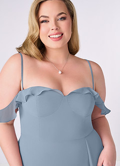 Barbie ♥ Azazie Jurken voor bruidsmeisjes Converteerbaar Jurk van Chiffon met A-Lijn Off the Shoulder Stoffig Blauw image7