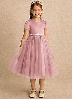 Azazie Kaylor vestidos de niña de las flores Vestido Rosa Polvorienta de Tul de Línea A con Plisado image3