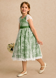 Azazie Maisie Abiti da Ragazza di Fiori Abito A-Line in Pizzo Avorio Basilico image6