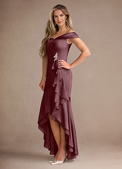 Azazie Billings Moeder van de bruid jurken Zeemeermin Jurk van Stretch Satijn Off the Shoulder Sangria image2