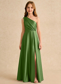 Azazie Puddles Girls Formal Robe Demoiselle D'honneur Fillette Robe Trapèze en Satin extensible Une épaule Basilic image6