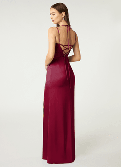 Azazie Desi Bridesmaid Dresses Burgundy Sheath Halter Corset Stretch Satin Dress image5