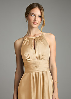 Azazie Bonnie Bridesmaid Dresses Gold A-Line Pleated Stretch Satin Dress image2