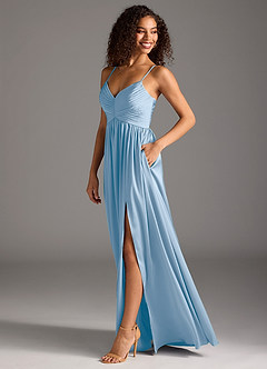 Azazie Alia Robes de demoiselle d'honneur Robe Trapèze en Satin extensible Plissé Poudre Bleue image6