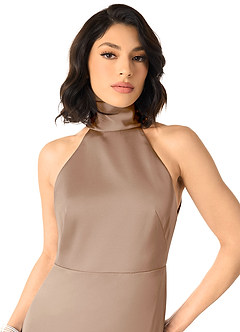 Azazie x Delaney Bridesmaid Dresses Taupe Sheath High Neck Stretch Satin Dress image3
