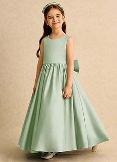 Azazie Nellia Robe Demoiselle D'honneur Fillette Robe Trapèze en Mat Satiné Arc Vert Sauge image3