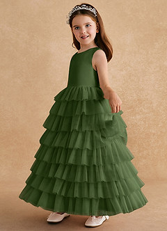 Azazie Twinkle Toes vestidos de niña de las flores Vestido de Oliva de Tul de Corte En A con Lazo image4
