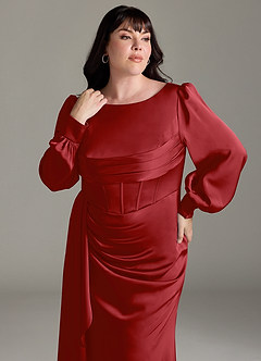 Azazie Raye Bridesmaid Dresses Pomegranate Mermaid Long Sleeve Stretch Satin Dress image11