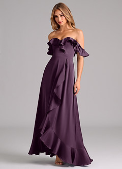 Azazie Lyra Bridesmaid Dresses Plum A-Line Off the Shoulder Stretch Satin Convertible Dress image4