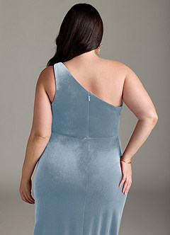 Azazie Argan Bridesmaid Dresses Dusty Blue A-Line One Shoulder Pleated Velvet Dress image13