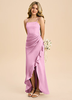 Azazie Buzzy Junior Candy Pink Sheath Pleated Stretch Satin Dress image1