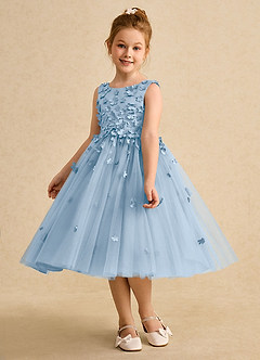Azazie Lana Blumenmädchenkleider A-Linie ärmellos Matte Satin Kleid Puderblau image3