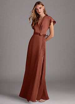 Azazie Nico Brautjungfernkleider A-Linie V-Hals Stretch-Satin Kleid Lehm image4