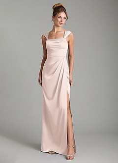 Azazie Filippa Robes de demoiselle d'honneur Robe Trapèze en Satin extensible Plissée Rose Pâle image1