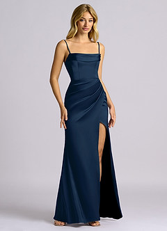Azazie Auden Bridesmaid Dresses Dark Navy Sheath Off the Shoulder Stretch Satin Convertible Dress image3