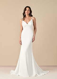 Azazie Adana Wedding Dresses Diamond White Mermaid Lace Stretch Satin Dress image1