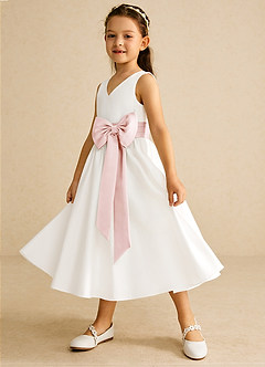 Azazie Darling Flower Girl Dresses Ivory Blushing Pink A-Line Bow Cotton Dress image3