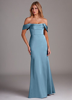 Azazie Saige Jurken voor bruidsmeisjes Jurk van Stretch Satijn met Kolom Off the Shoulder Staal Blauw image4